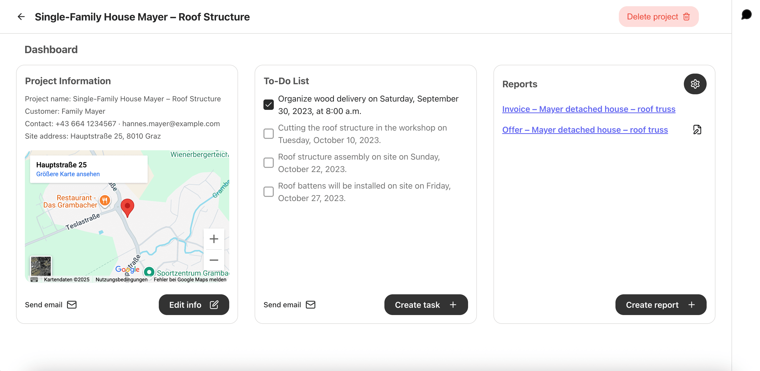 Screenshot of the dashboard with project info, to-do list, and reports.