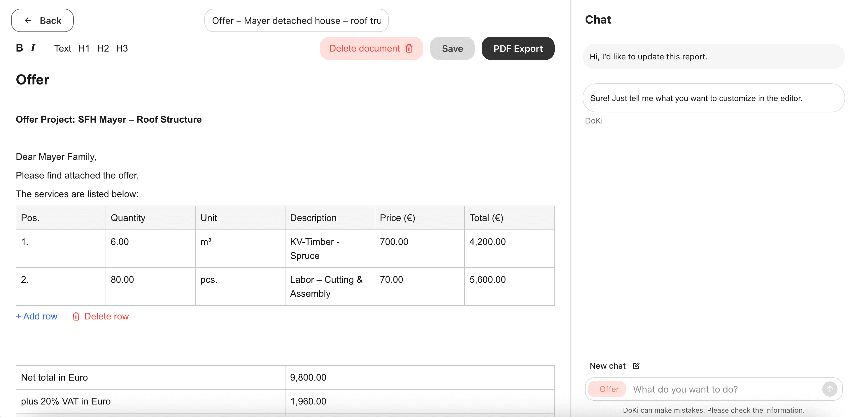 Screenshot of the offer/invoice editor with chat assistant (DoKi).